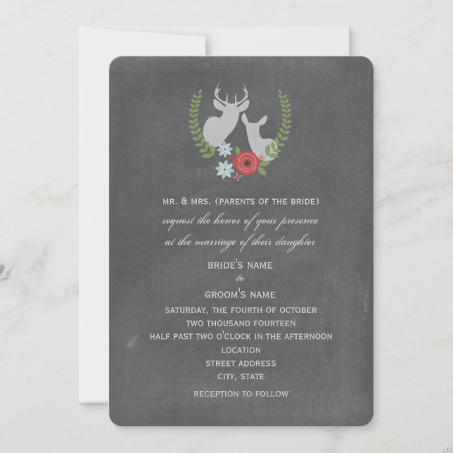 Chalk Inspired Floral Deer Wedding Invite (Front)