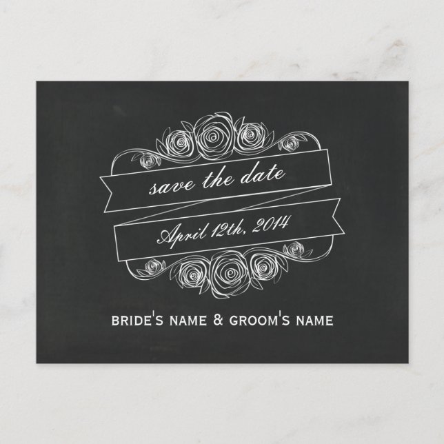 Chalk Inspired Rose Banner Save The Date Announcement Postcard (Front)