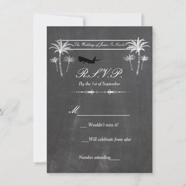 Chalk Palm Trees & Aeroplane Destination RSVP Card (Front)