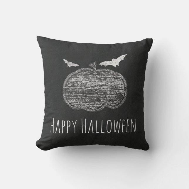 Chalk Pumpkin & Bats Chalkboard Halloween Home Cushion (Front)