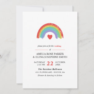 Chalk Rainbow & Heart Minimalist Gay Wedding Invitation
