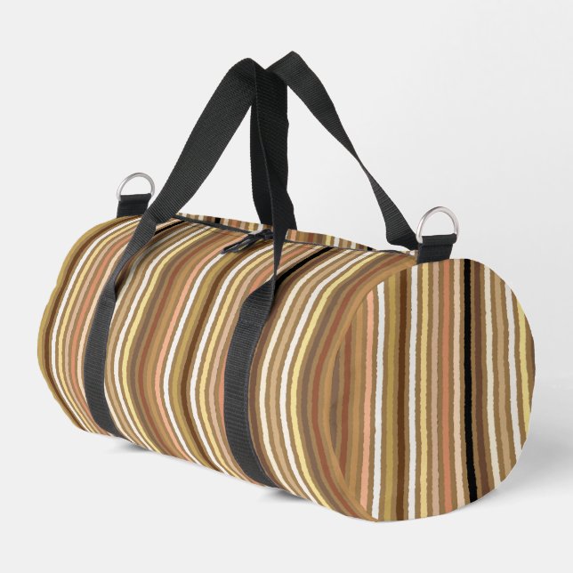 Chalk Stripes, Camel Tan, Brown and Beige Duffle Bag (Left Corner)