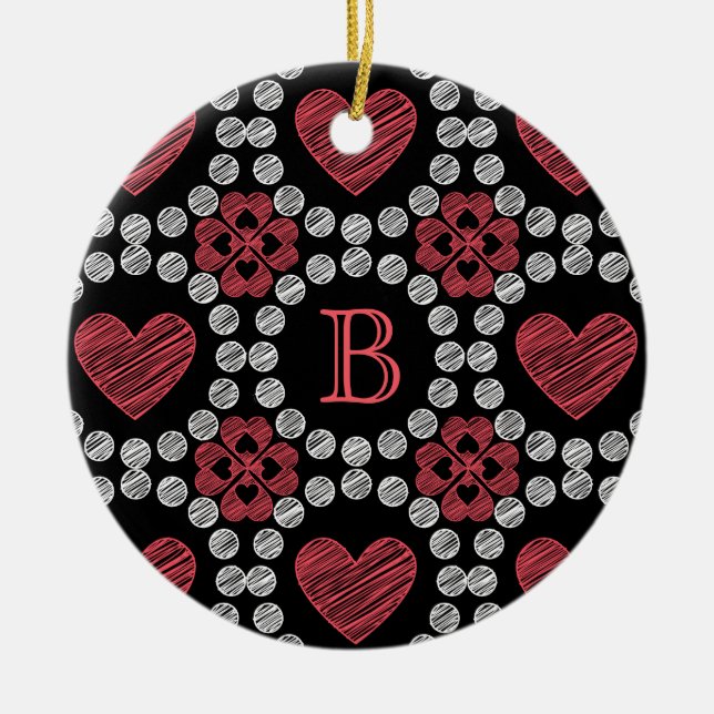 Chalk Style Hearts And Circles With Monogram Ceramic Ornament (Front)