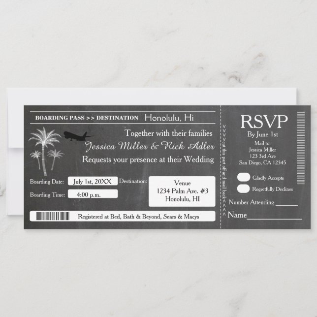 Chalk Wedding Destination Ticket Invitation RSVP (Front)