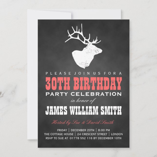 Chalkboard 30th Birthday Party Deer Black Red Invitation (Front)