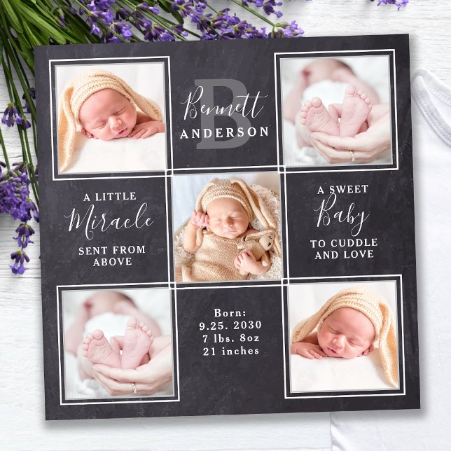 Chalkboard 5 Photo Collage New Baby Stats Birth Thank You Card (Creator Uploaded)