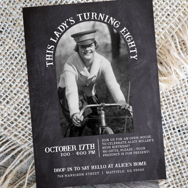 Chalkboard 80th Birthday Open House 2 Photo Invitation (Creator Uploaded)