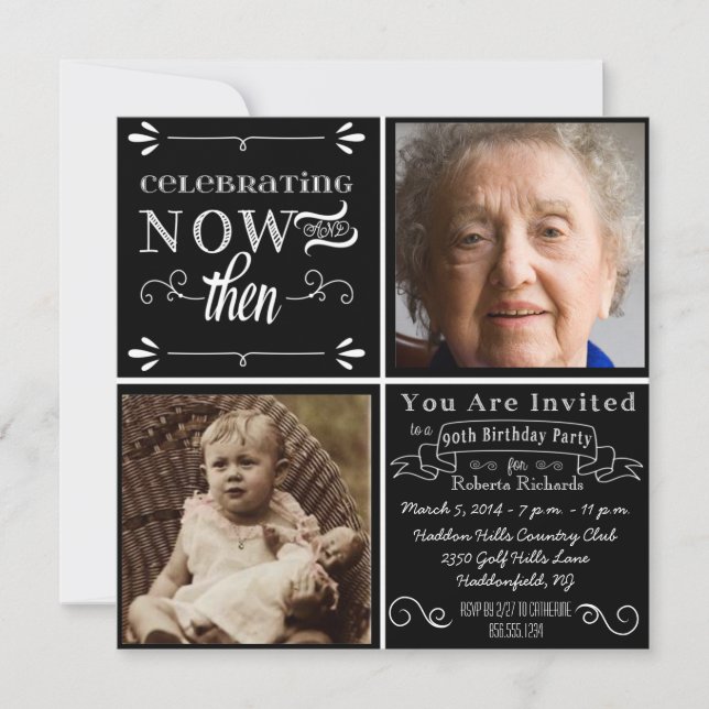 Chalkboard 90th Birthday Square Photo Invitation (Front)