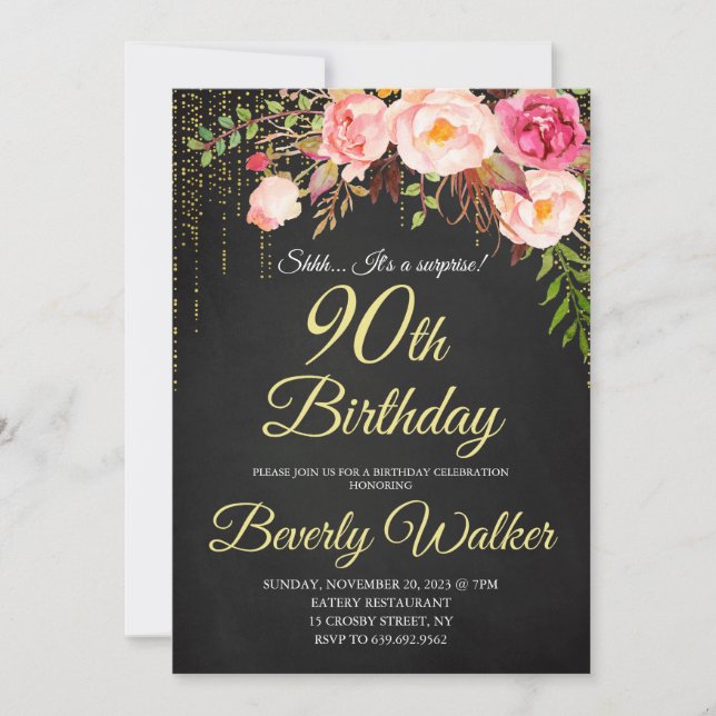 Chalkboard 90th Surprise Floral Women Birthday Invitation (Front)
