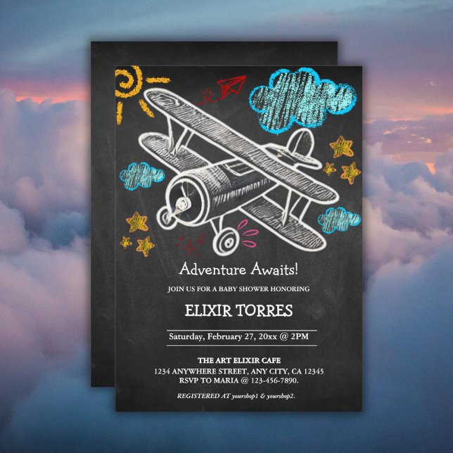 Chalkboard Adventure Awaits Aeroplane Baby Shower Invitation (Creator Uploaded)