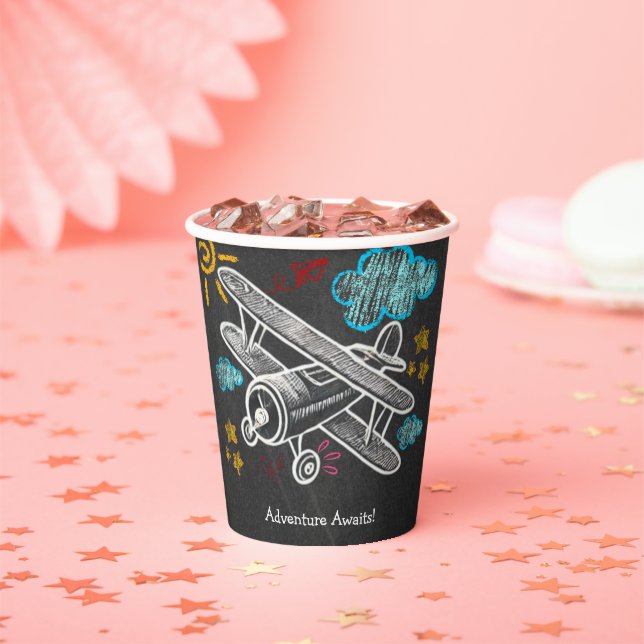 Chalkboard Adventure Awaits Aeroplane Baby Shower Paper Cups (Insitu)