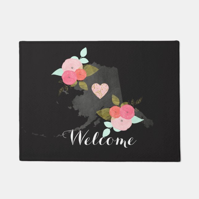 Chalkboard Alaska State Watercolor Floral Welcome Doormat (Front)
