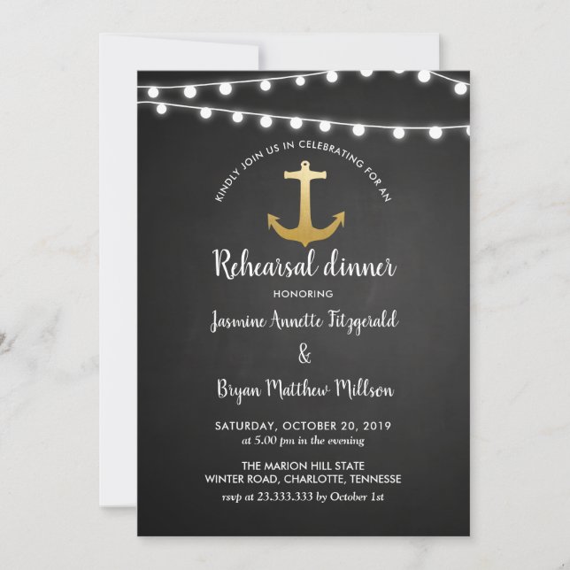 Chalkboard Anchor Faux Gold Foil Rehearsal Dinner Invitation (Front)