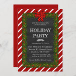 Chalkboard and garland holiday invitation<br><div class="desc">This holiday chalkboard invitation is decked with holly and pine garland,  a plaid ribbon on a red and white striped background. Change event,  title,  date,  host location,  address,  RSVP,  phone number and host name.</div>