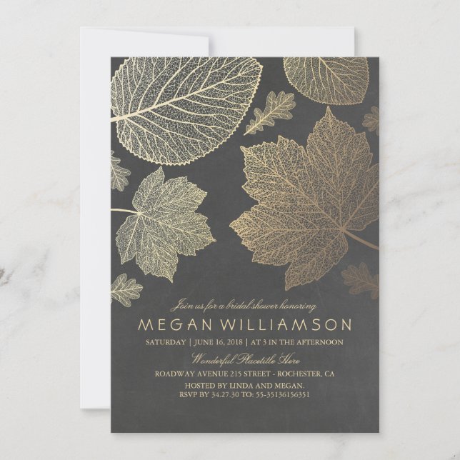 Chalkboard and Gold Leaves Fall Bridal Shower Invitation (Front)