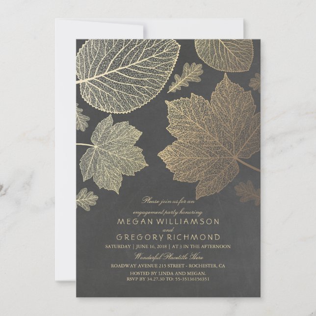 Chalkboard and Gold Leaves Fall Engagement Party Invitation (Front)