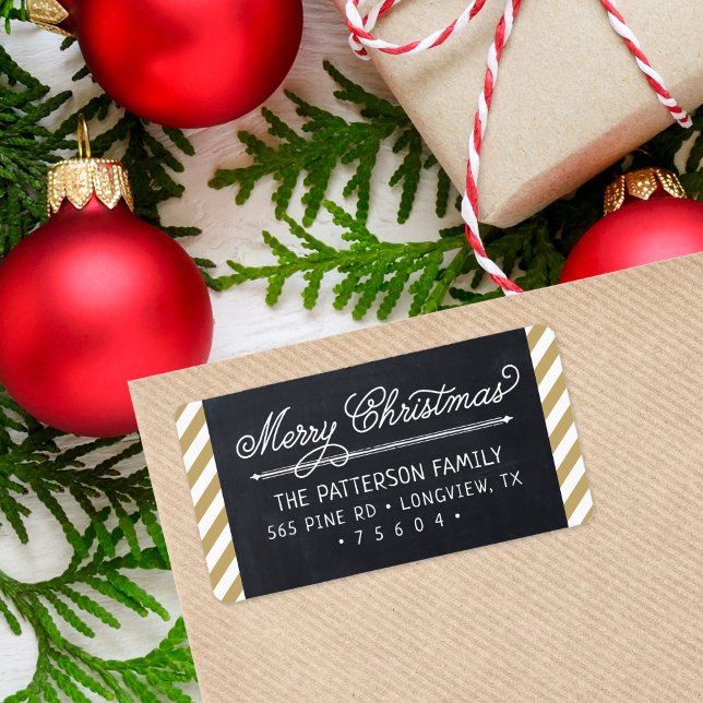 Chalkboard and Stripes Christmas Return Address Label (Creator Uploaded)