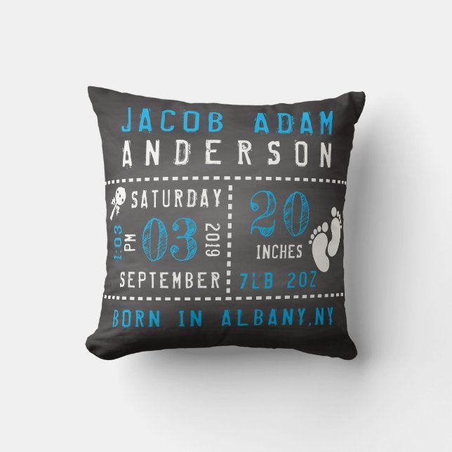 Chalkboard Baby Boy Birth Announcement Cushion (Front)