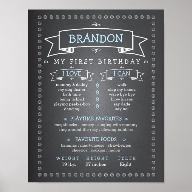 Chalkboard Baby First Birthday Milestone Board Poster (Front)