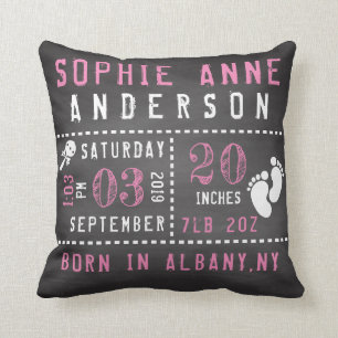 Chalkboard Baby Girl Birth Announcement Cushion