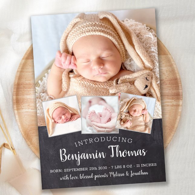 Chalkboard Baby Personalised 4 Photo Collage Birth Announcement (Creator Uploaded)