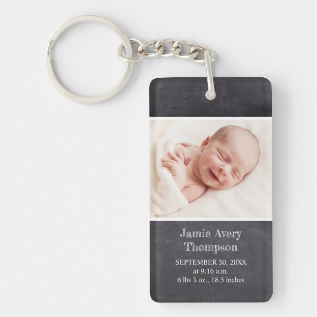 Chalkboard Baby Photo Birth Stats Personalized Key Ring (Front)