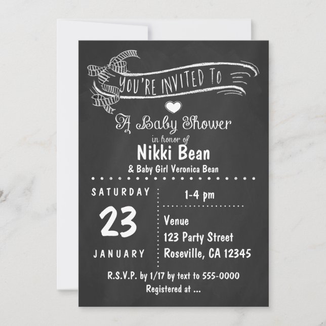 Chalkboard Baby Shower Zebra Bow Chic Invitations (Front)