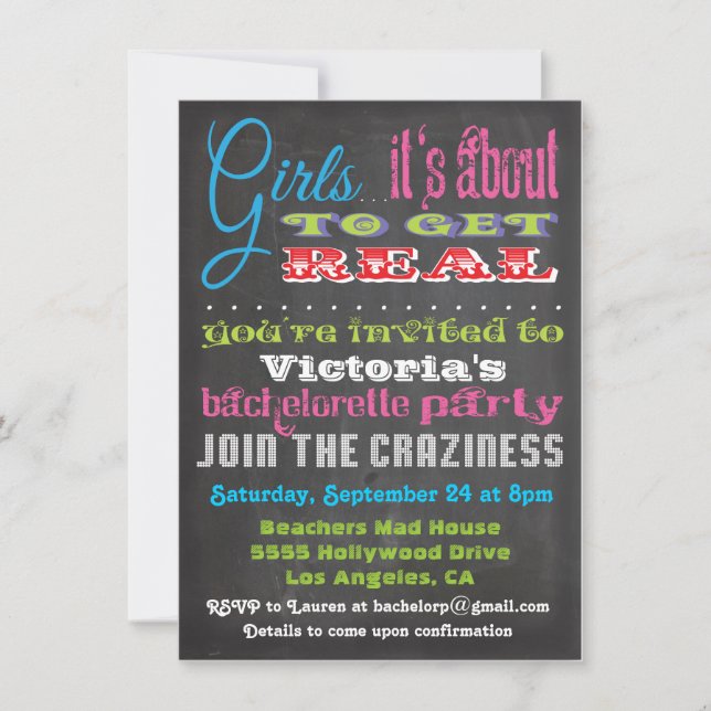 Chalkboard Bachelorette Party Invitations (Front)