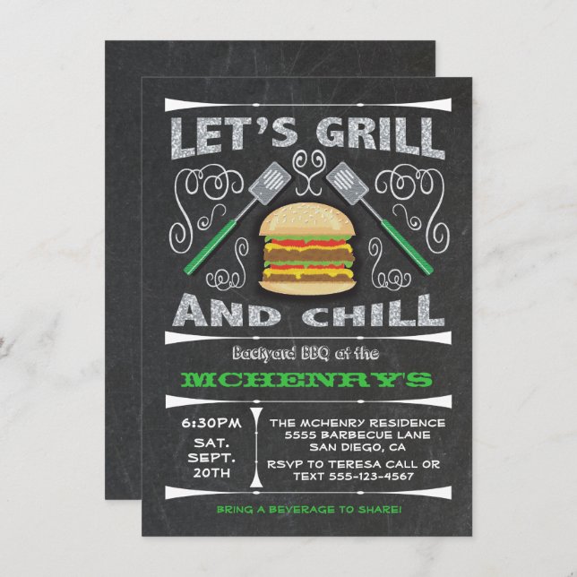 Chalkboard backyard barbecue BBQ party invitations (Front/Back)