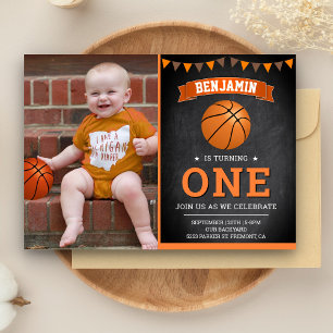 Chalkboard Basketball First Birthday Party Photo Invitation