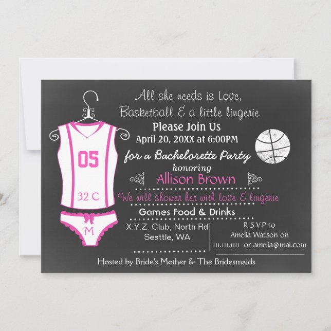 Chalkboard Basketball Lingerie Shower Bachelorette Invitation (Front)