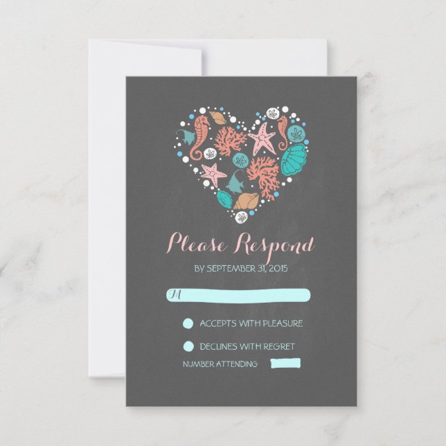 chalkboard beach heart casual wedding RSVP cards (Front)