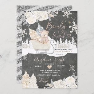 Chalkboard Bear Creamy White Winter Baby Shower  Invitation