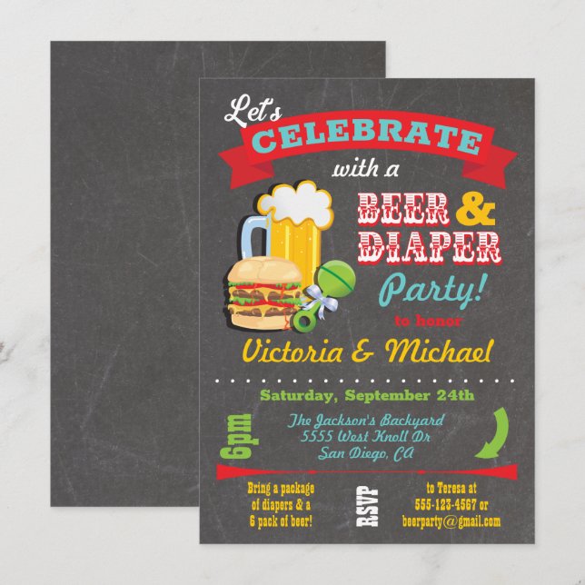 Chalkboard Beer and Diaper Baby Shower  Invitation (Front/Back)