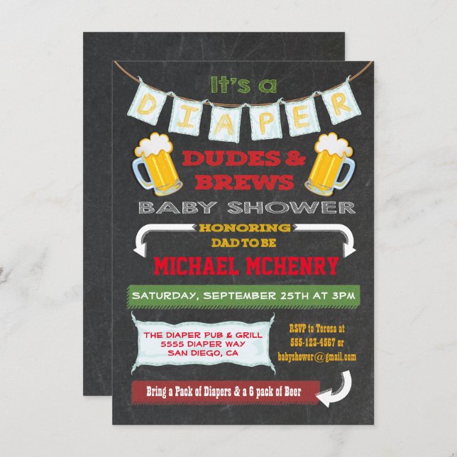 Chalkboard Beer and Diaper Party Invitations (Front/Back)