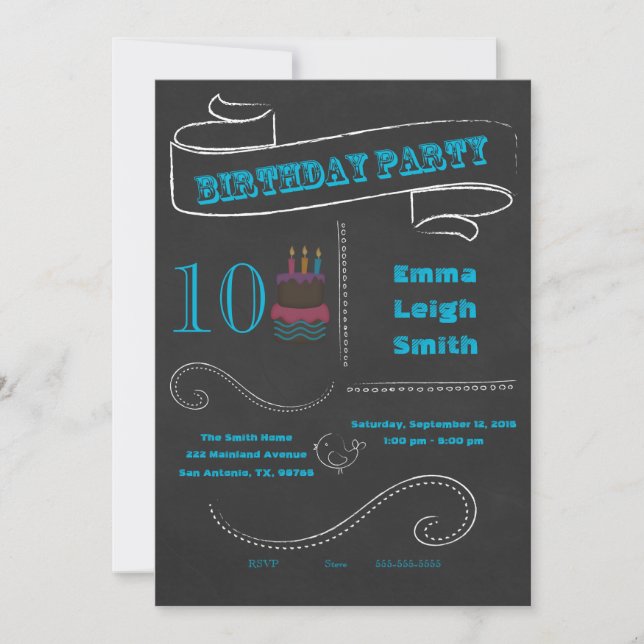 Chalkboard Birthday Invitation Blue; double digits (Front)