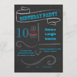 Chalkboard Birthday Invitation Blue; double digits