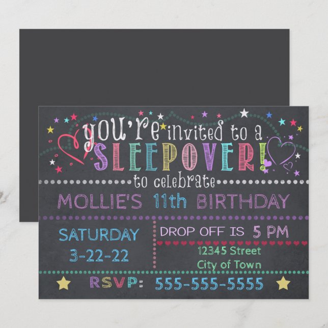 Chalkboard Birthday Sleepover  Invitation (Front/Back)