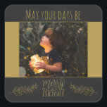 Chalkboard black and gold with picture Christmas Square Sticker<br><div class="desc">This Christmas sticker features the picture of a child holding a jar full of bright Christmas lights on a black chalkboard background with golden decorations.
The caption,  in a golden font,  says "May your days be merry & bright".
(Easily customisable with a picture of your choice)</div>
