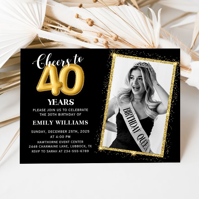 Chalkboard Black Gold Balloons 40th Birthday Photo Invitation (Creator Uploaded)