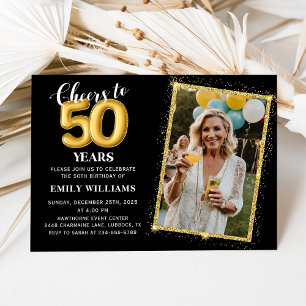 Chalkboard Black Gold Balloons 50th Birthday Photo Invitation