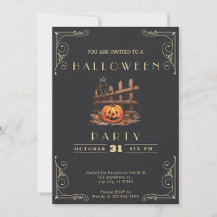 Chalkboard Black & Gold Black Cat Halloween Invitation