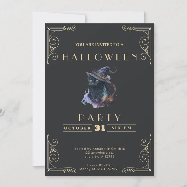 Chalkboard Black & Gold Black Cat Halloween Invitation (Front)