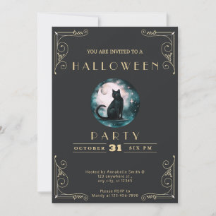 Chalkboard Black & Gold Black Cat Moon Halloween Invitation