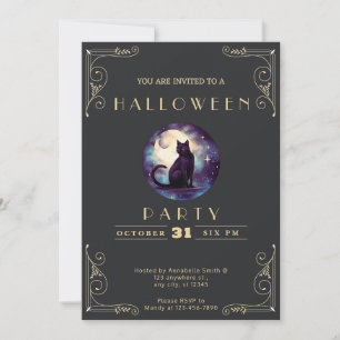 Chalkboard Black & Gold Black Cat Moon Halloween Invitation