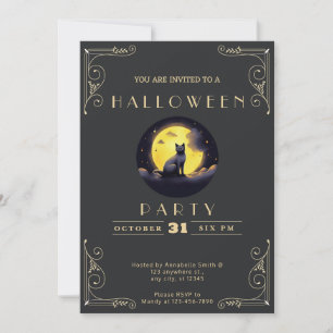 Chalkboard Black & Gold Black Cat Moon Halloween Invitation