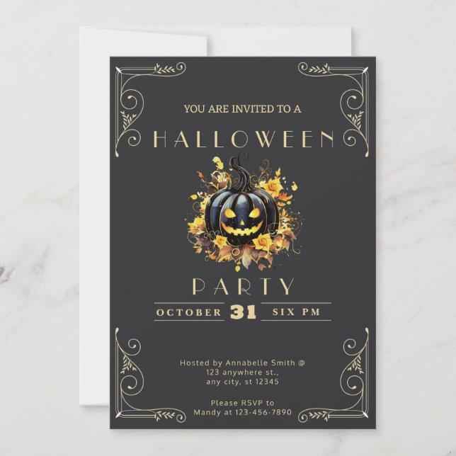 Chalkboard Black & Gold Black Pumpkin Halloween Invitation (Front)