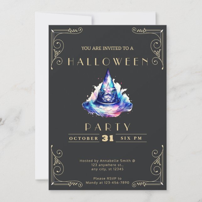 Chalkboard Black & Gold Blue Cauldron Halloween Invitation (Front)