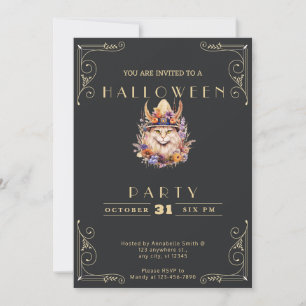 Chalkboard Black & Gold Boho Cat Halloween Invitation