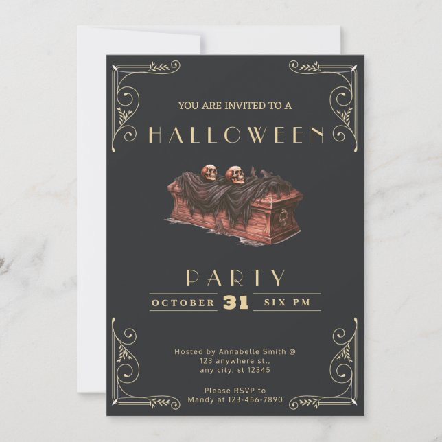 Chalkboard Black & Gold Coffin Skulls Halloween Invitation (Front)